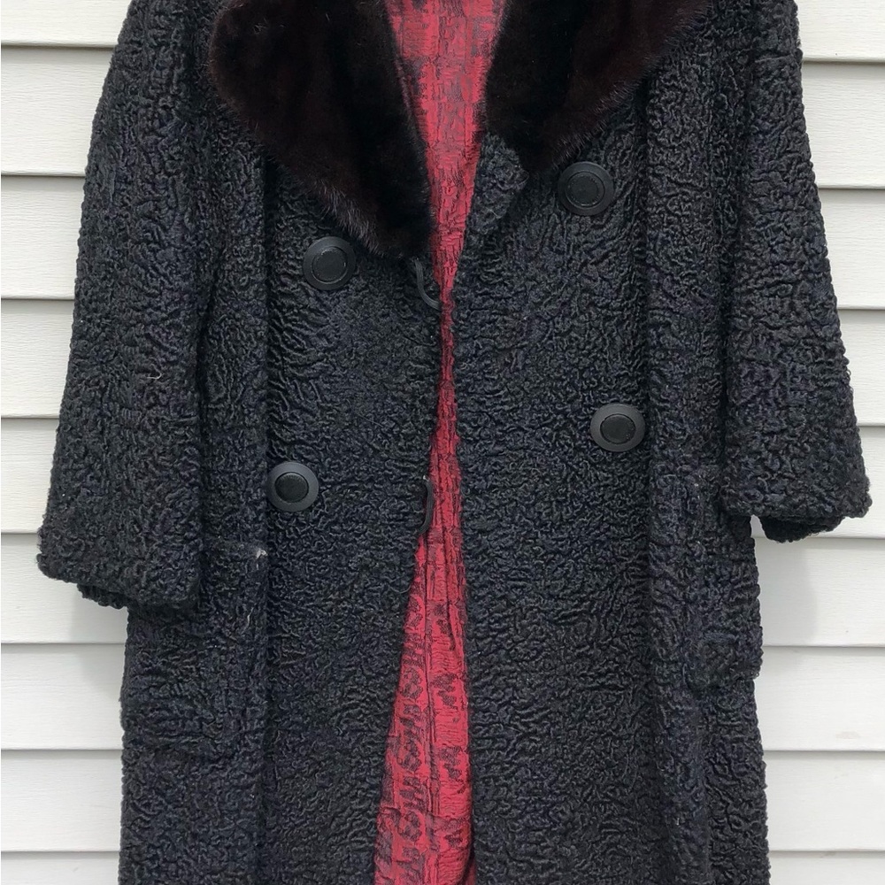 Black Faux-Persian Lamb Coat with Dark Fur Collar